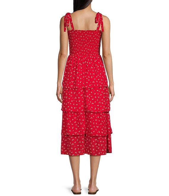 Midnight Doll Wool Doddy Print Square Neck Tie Strap Tiered Midi Dress Product Image