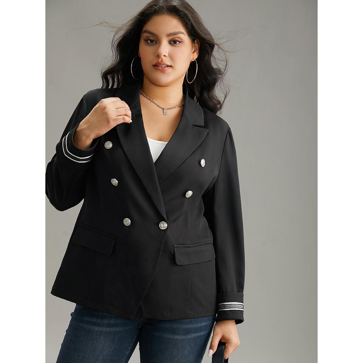 Plus Size Suit Collar Metal Detail Patchwork Blazer Black Women Office Plain Patchwork Sleeve Long Sleeve Suit Collar 26/4X Office Blazers BloomChic Product Image