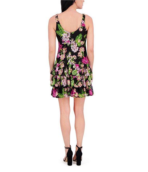 Kensie Floral Stretch Lace Square Neck Sleeveless Ruffle Tiered Fit & Flare Mini Dress Product Image