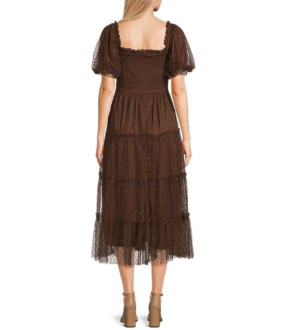 Blu Pepper Mesh Dot Square Neck Short Puff Sleeve Midi Dress Product Image