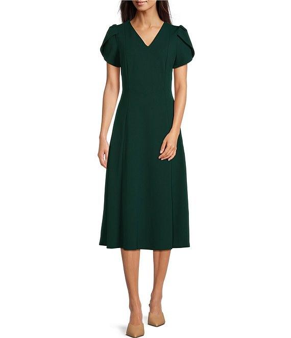 Calvin Klein Scuba Crepe Short Tulip Sleeve V-Neck A-Line Midi Dress Product Image