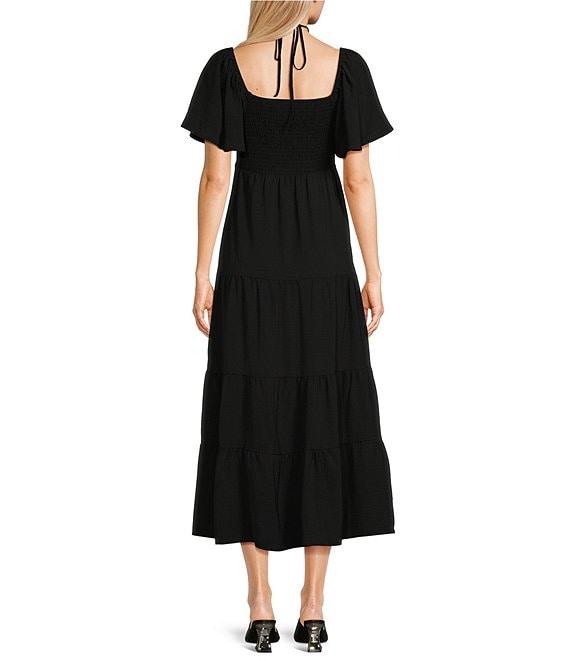 GB Tie Neck Short Sleeve Tiered Maxi Dress Product Image