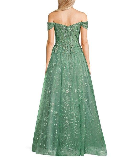 B. Darlin Patterned Glitter Mesh Sweetheart Neck Off-The-Shoulder Dress Product Image