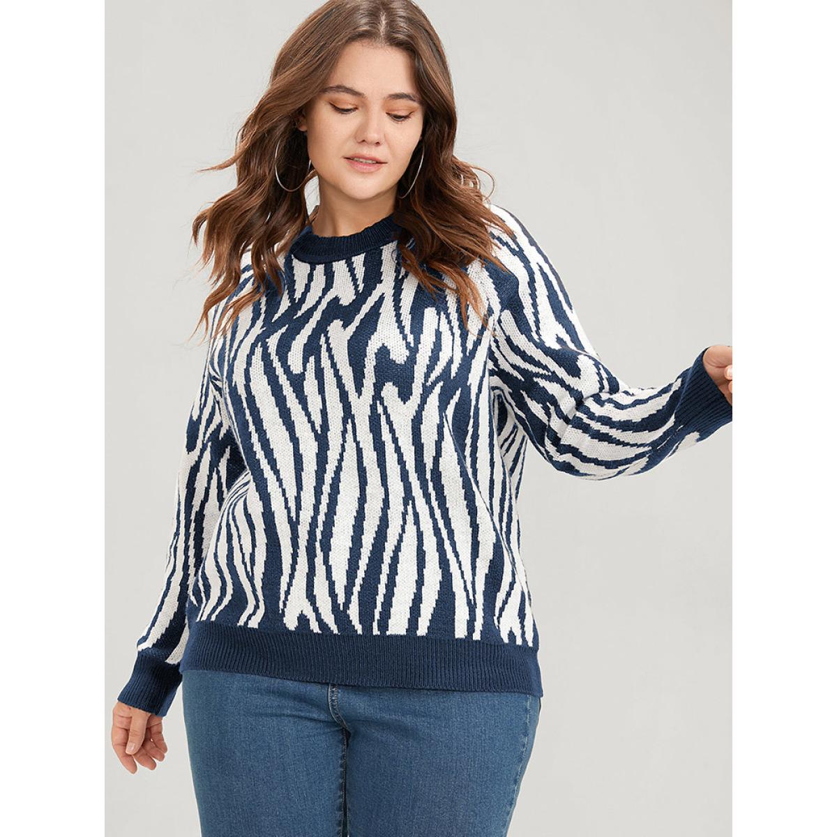 Plus Size Zebra Print Pointelle Knit Raglan Sleeve Jacquard Knit Top Midnight Women Casual Long Sleeve Round Neck Everyday Pullovers BloomChic 12/L Product Image
