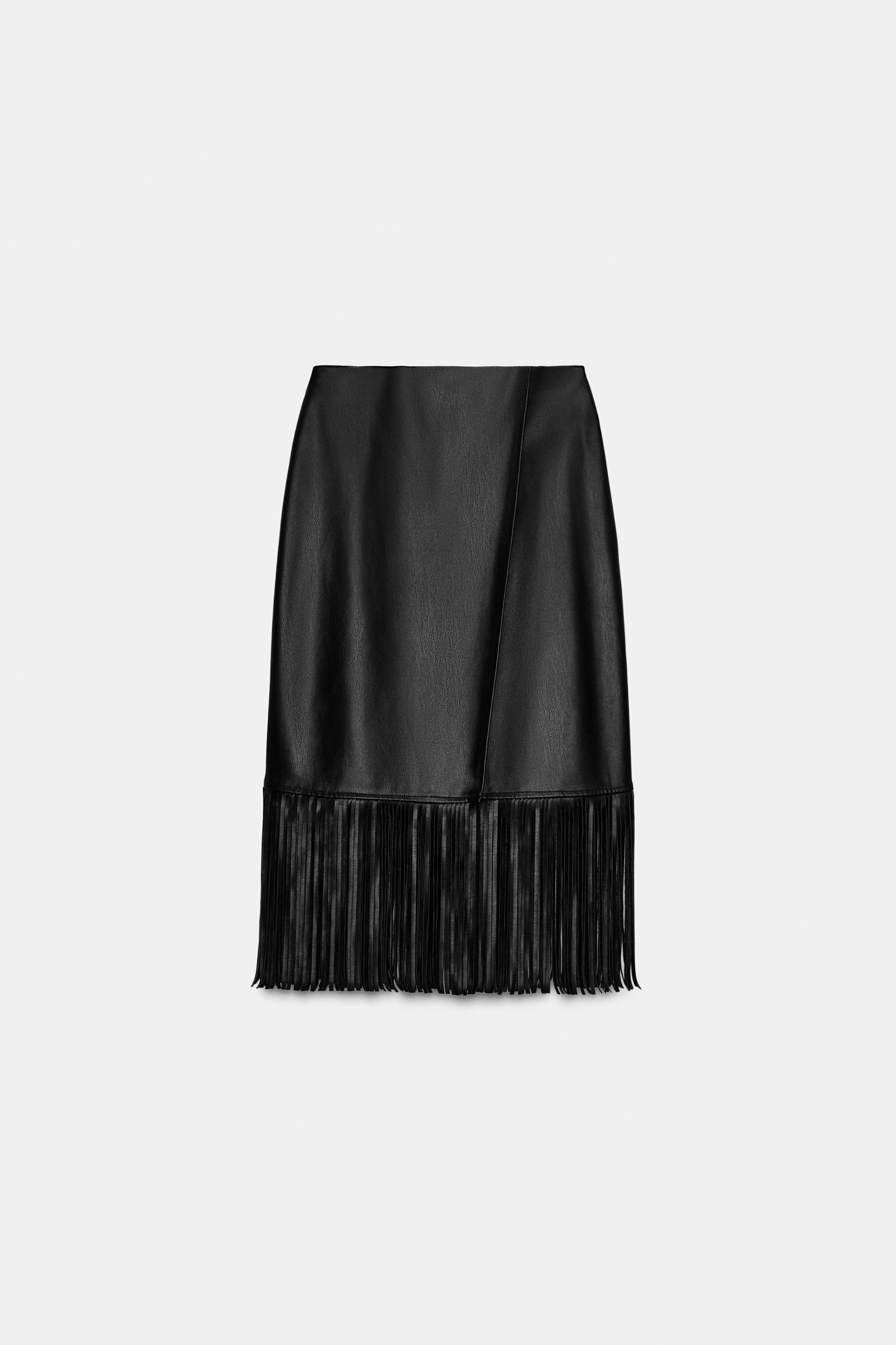 FAUX LEATHER FRINGED MIDI SKIRT Product Image