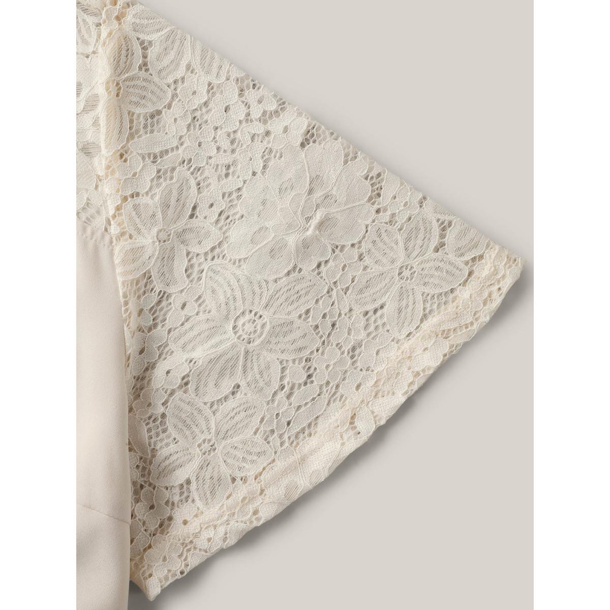 Plus Size Sheer Lace Pockets Solid Midi Dress Apricot Women V-neck Short sleeve Curvy BloomChic 22-24/3X Product Image