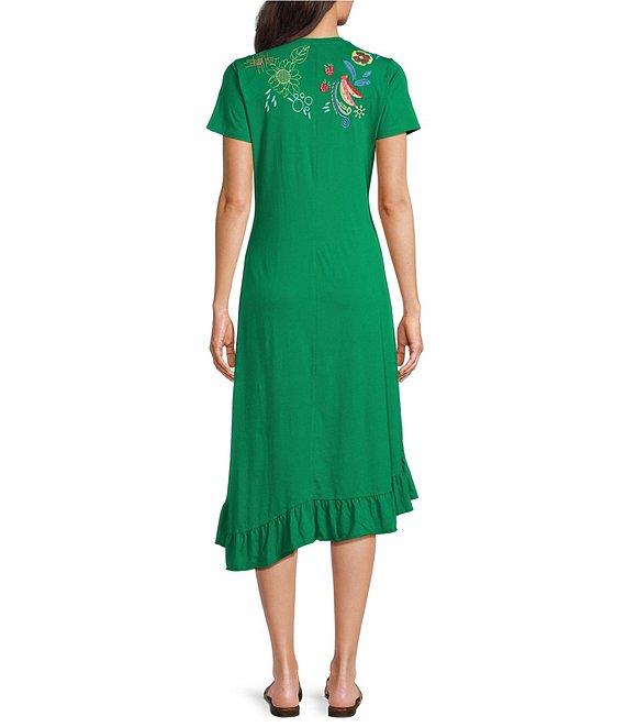 JOHNNY WAS Embroidered Floral Cotton Knit Crew Neck Short Sleeve Asymmetrical Ruffle Hem Midi Dress Product Image