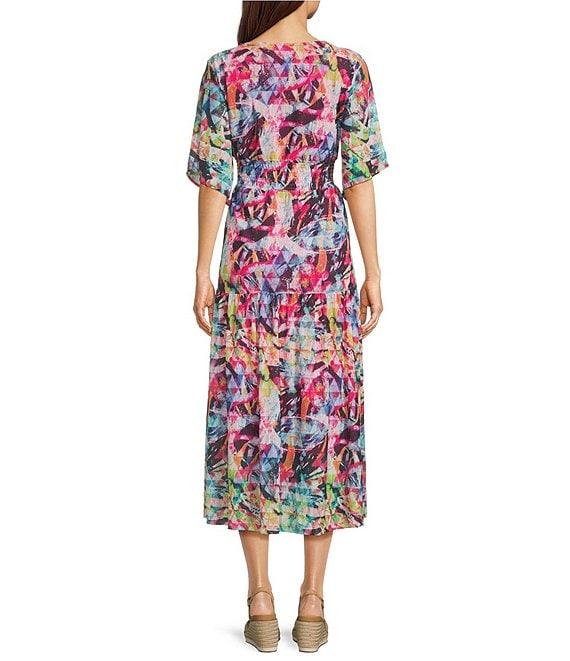 Calessa Mesh Knit Floral V-Neck Short Sleeve A-Line Midi Dress Product Image
