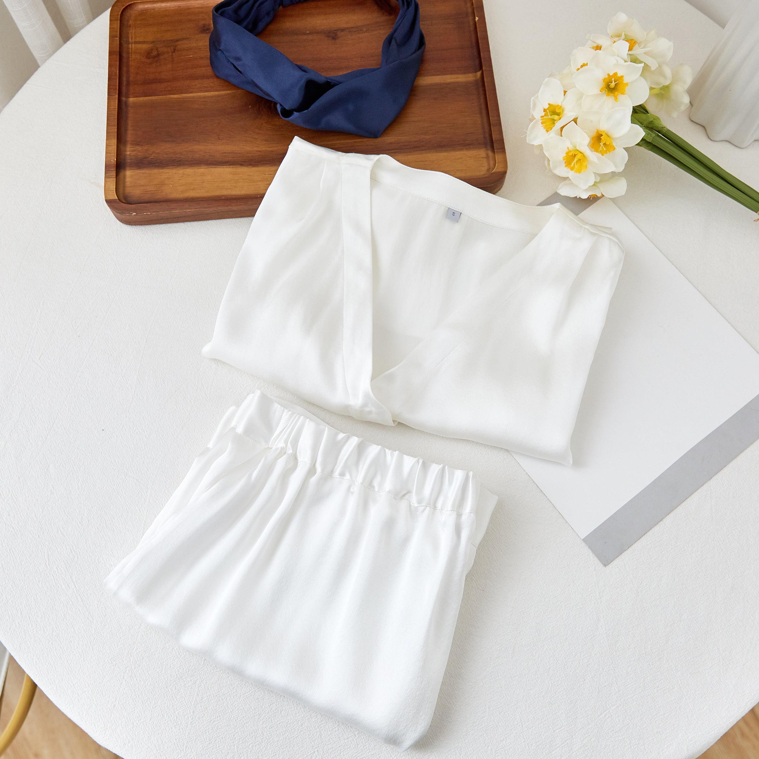 Pearl White Pure Mulberry Silk Top and Shorts Set | Soar Collection Product Image