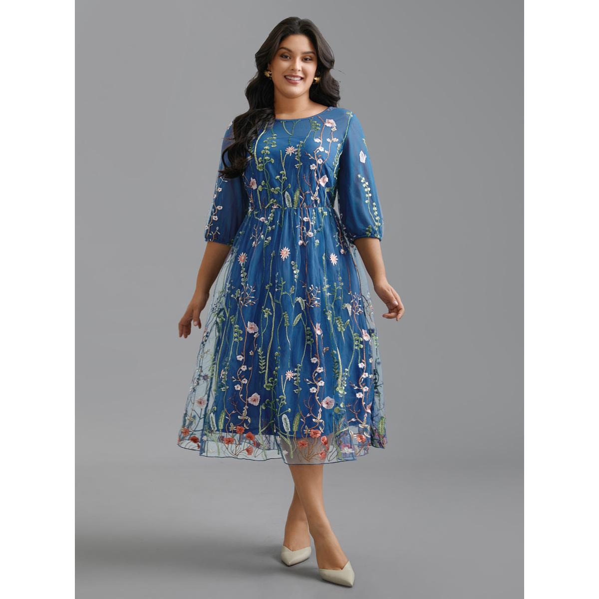 Plus Size Floral Embroidered Elastic Waist Lined Midi Dress Mediumblue Women Formal Texture Party Curvy Bloomchic 14-16/1X Product Image