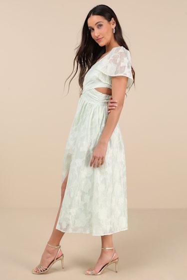 Hilly Light Mint Floral Jacquard Lace-Up Midi Dress Product Image