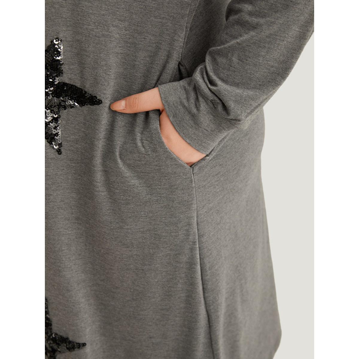 Plus Size Star Sequin Drawstring Pocket Hooded Dress DimGray Women Casual Plain Hooded Long Sleeve Curvy Midi Dress BloomChic 22-24/3X Product Image