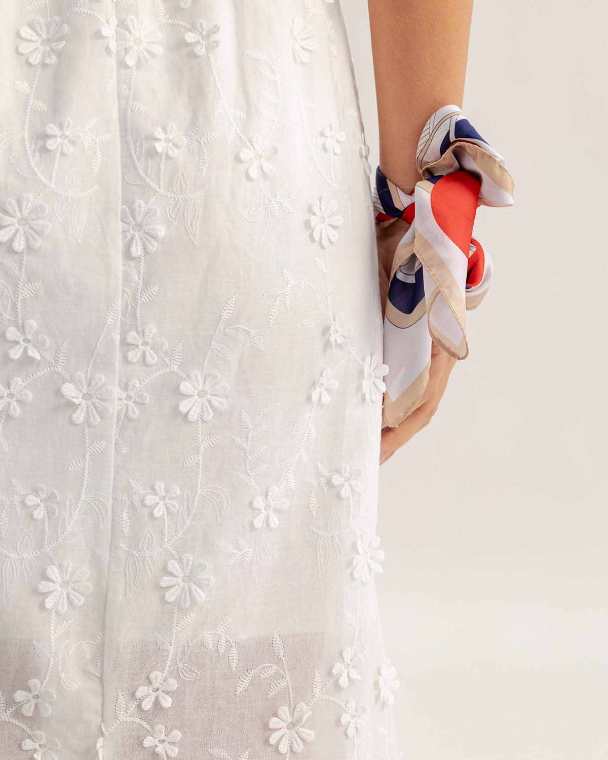 White Textured Elastic Waist Midi Skirt Product Image