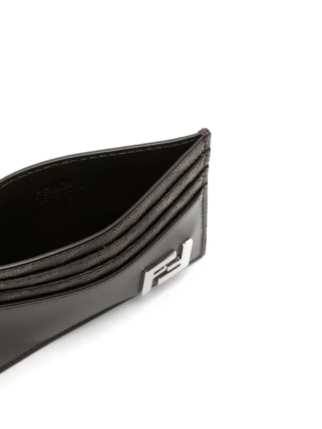 FENDI Brown Card-holder With Squared Ff Motif In Leather And Ff Canvas Man In Ebony Product Image