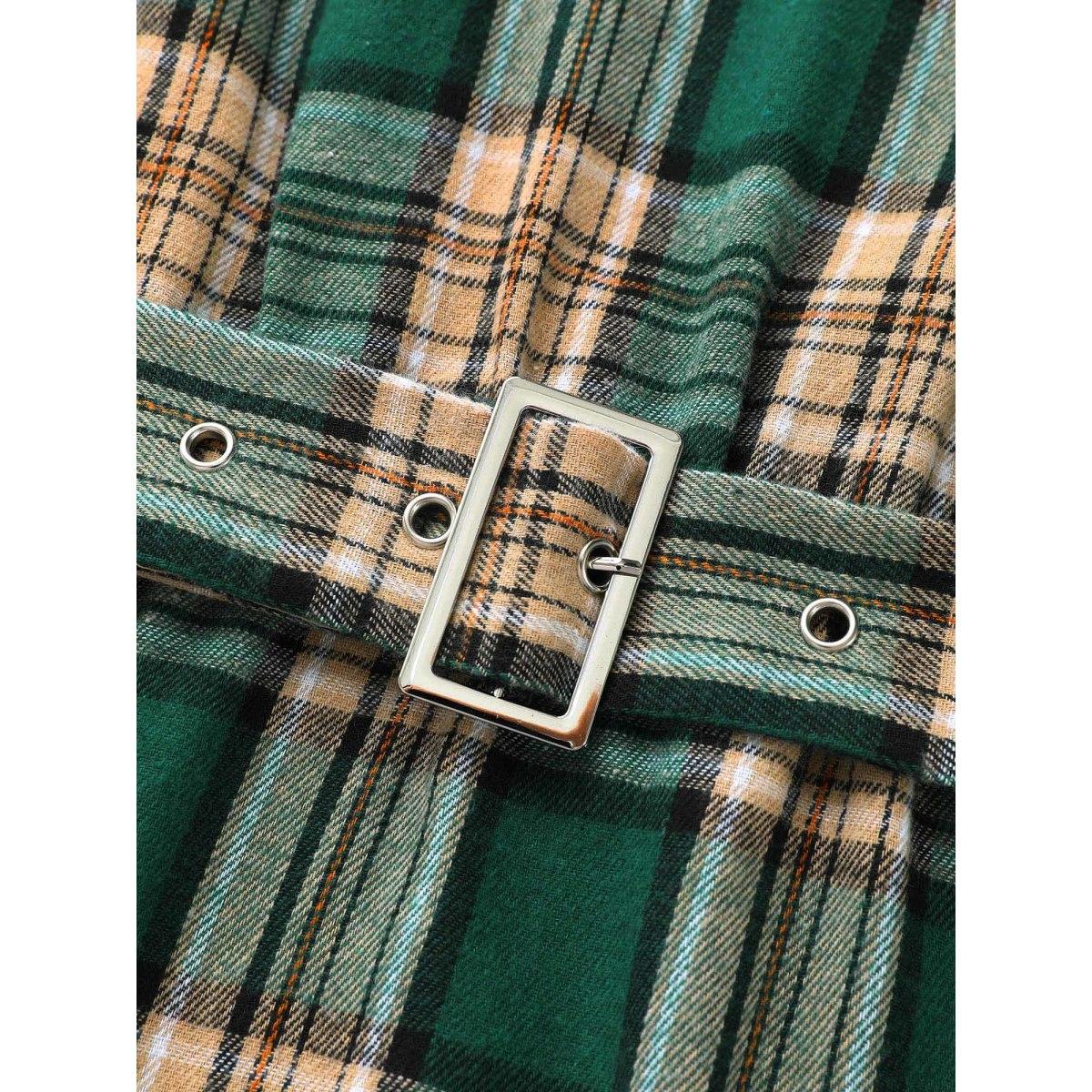 Plus Size Round Neck Plaid Belted Midi Dress DarkGreen Women Casual Belted Round Neck Short sleeve Curvy BloomChic 22-24/3X Product Image