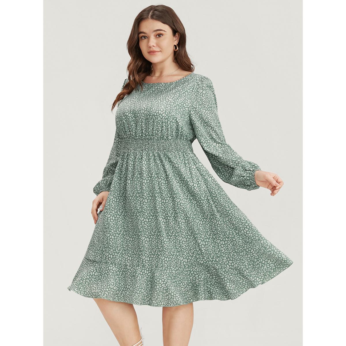 Plus Size Leopard Print Lantern Sleeve Shirred Pocket Flutter Knee Dress Green Women Elegant Elastic Waist Round Neck Long Sleeve Curvy Knee Dress BloomChic 26/4X Product Image