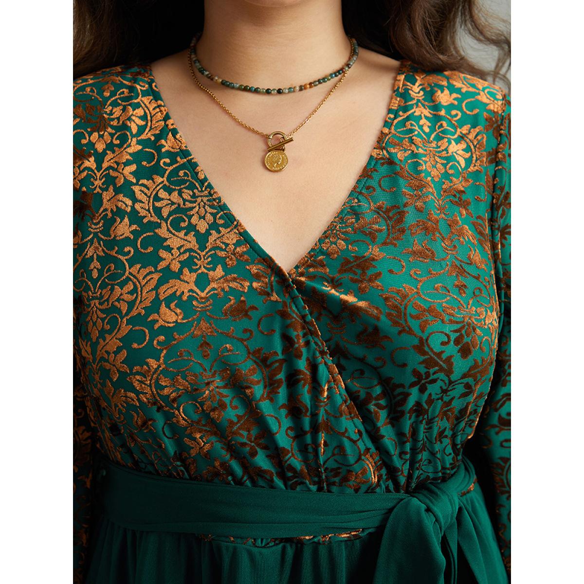 Plus Size Silhouette Floral Print Belted Patchwork Velvet Dress Emerald Women Vacation Wrap Overlap Collar Elbow-length sleeve Curvy Midi Dress BloomChic 10/M Product Image