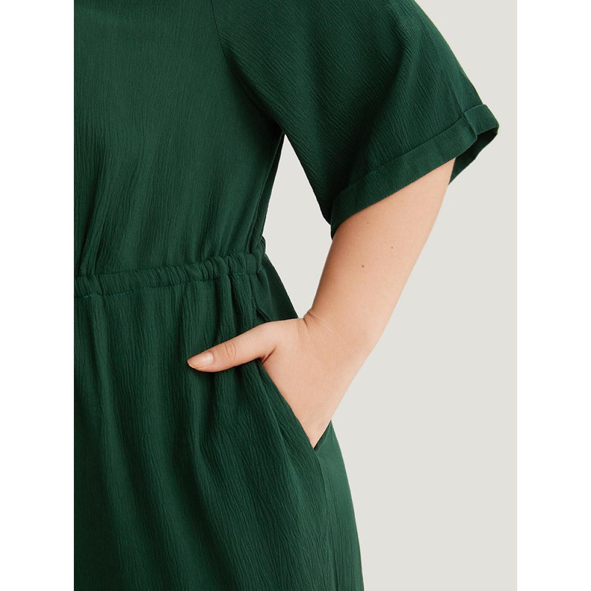 Plus Size Cyan Plain Textured V Neck Pocket Button Through Drawstring Jumpsuit Women Casual Half Sleeve V-neck Dailywear Loose Jumpsuits BloomChic 14-16/1X Product Image