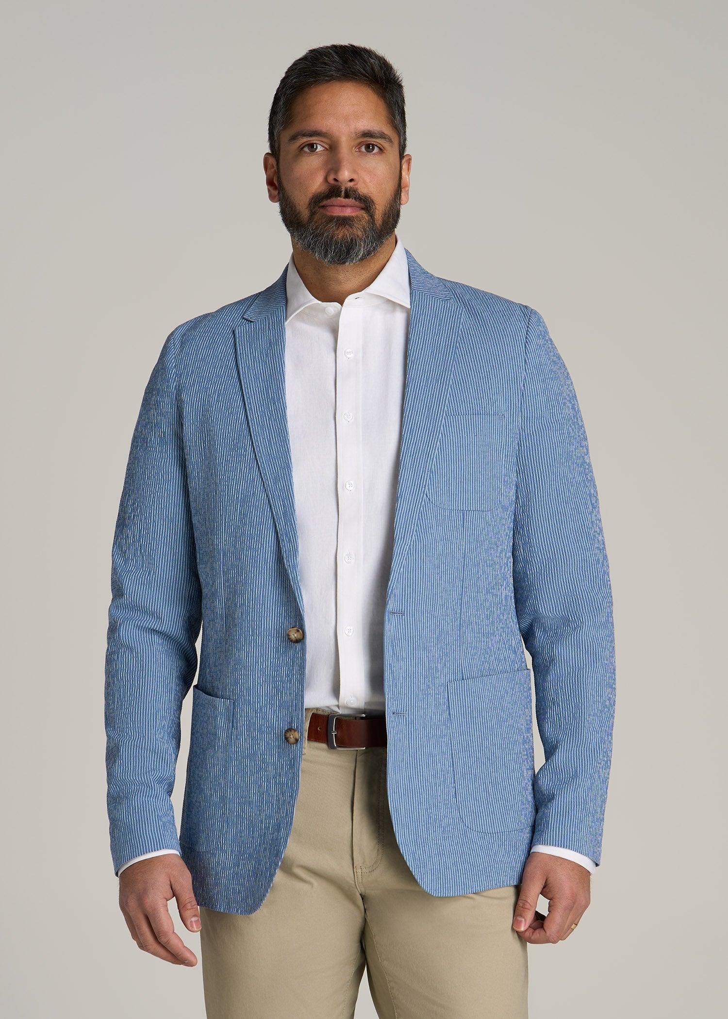 Stretch Seersucker Blazer for Tall Men in Tonal Blue Stripe Male Product Image