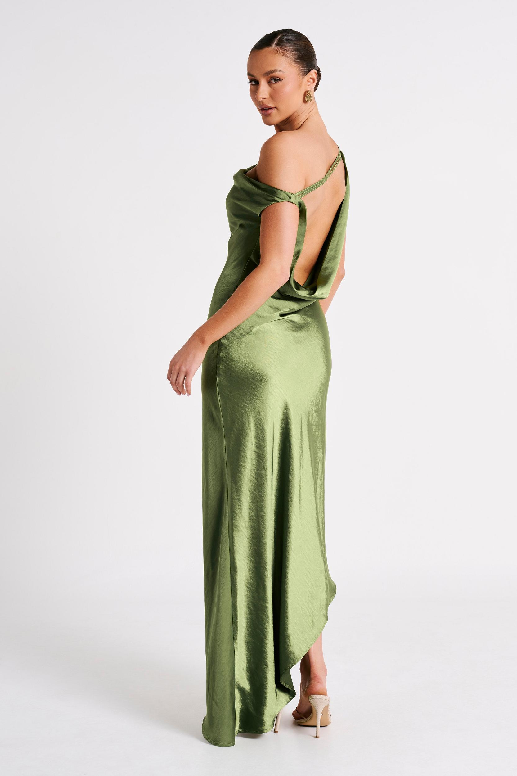 Yvette Slip Maxi Dress With Asymmetrical Hem - Emerald Product Image