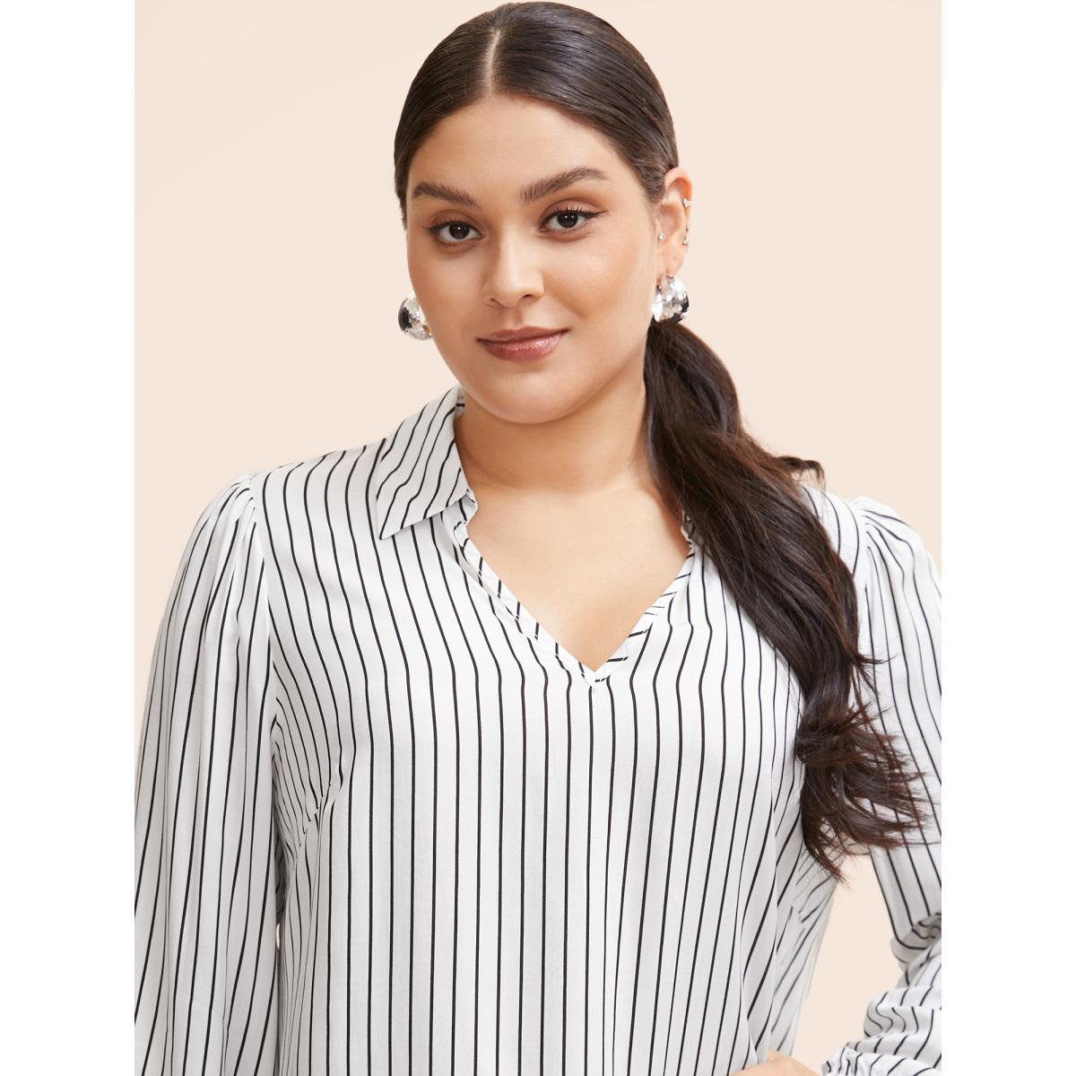 Plus Size WhiteSmoke Striped Lapel Collar Lantern Sleeve Blouse Women Workwear Essentials Long Sleeve V-neck Office Blouses BloomChic 14-16/1X Product Image