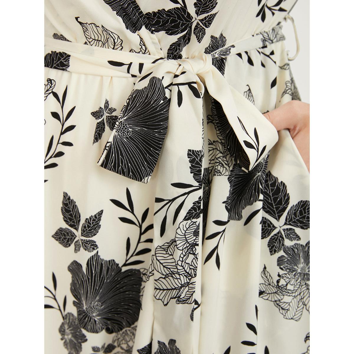 Plus Size Floral Print Lantern Sleeve Pocket Split Belted Dress Beige Women Elegant Belted V-neck Long Sleeve Curvy Midi Dress BloomChic 18-20/2X Product Image