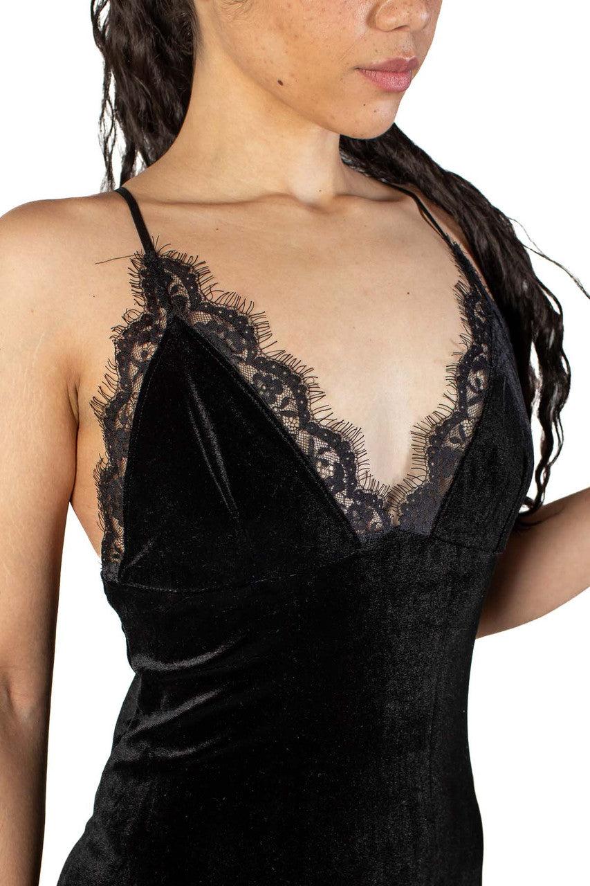 Black Lace Trim Velvet Mini Dress Product Image