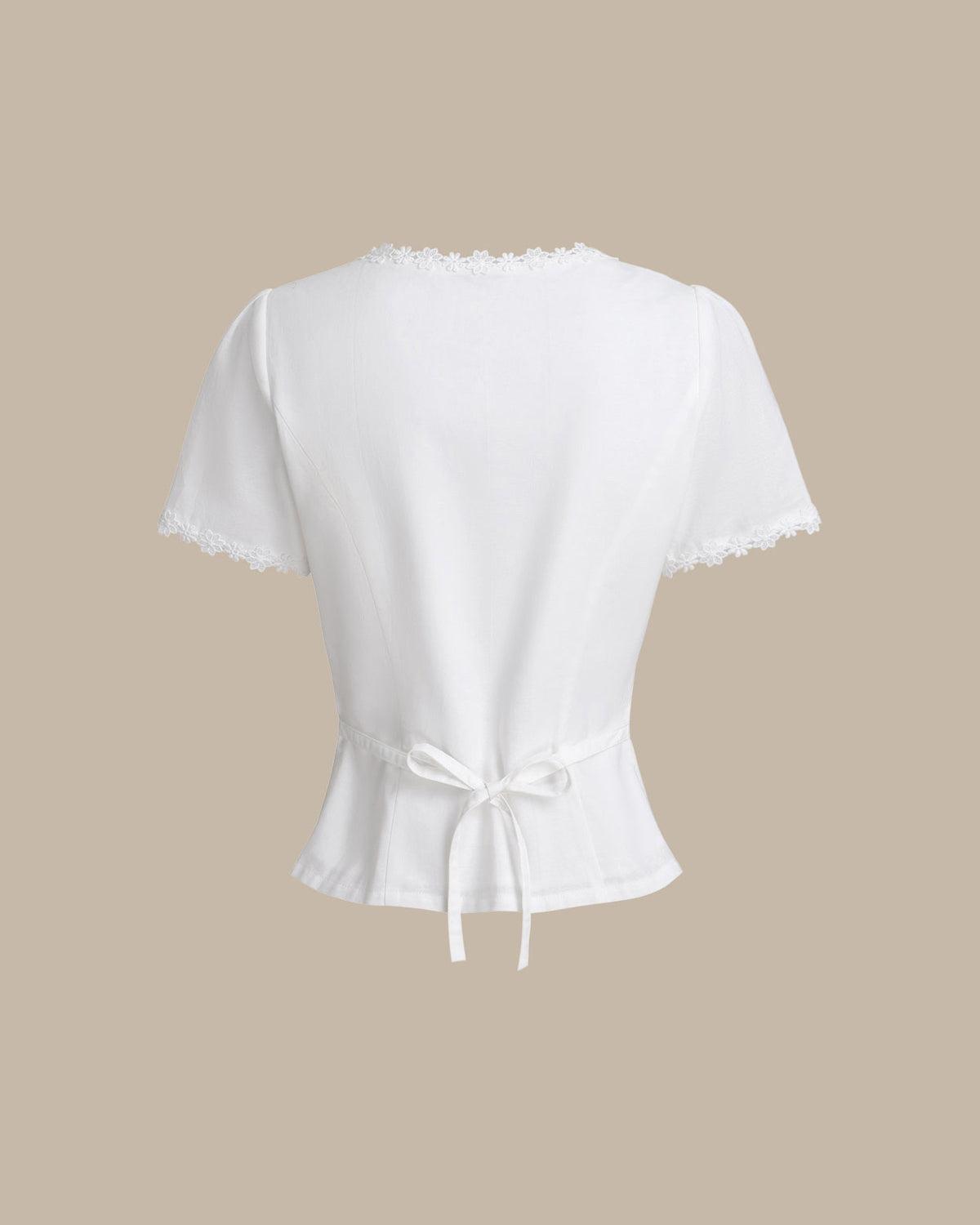 White Square Neck Button Lace Blouse Product Image