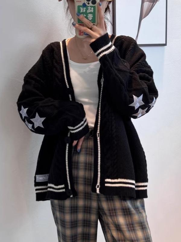 Oversize Star Embroidered Cable Knit Cardigan Product Image