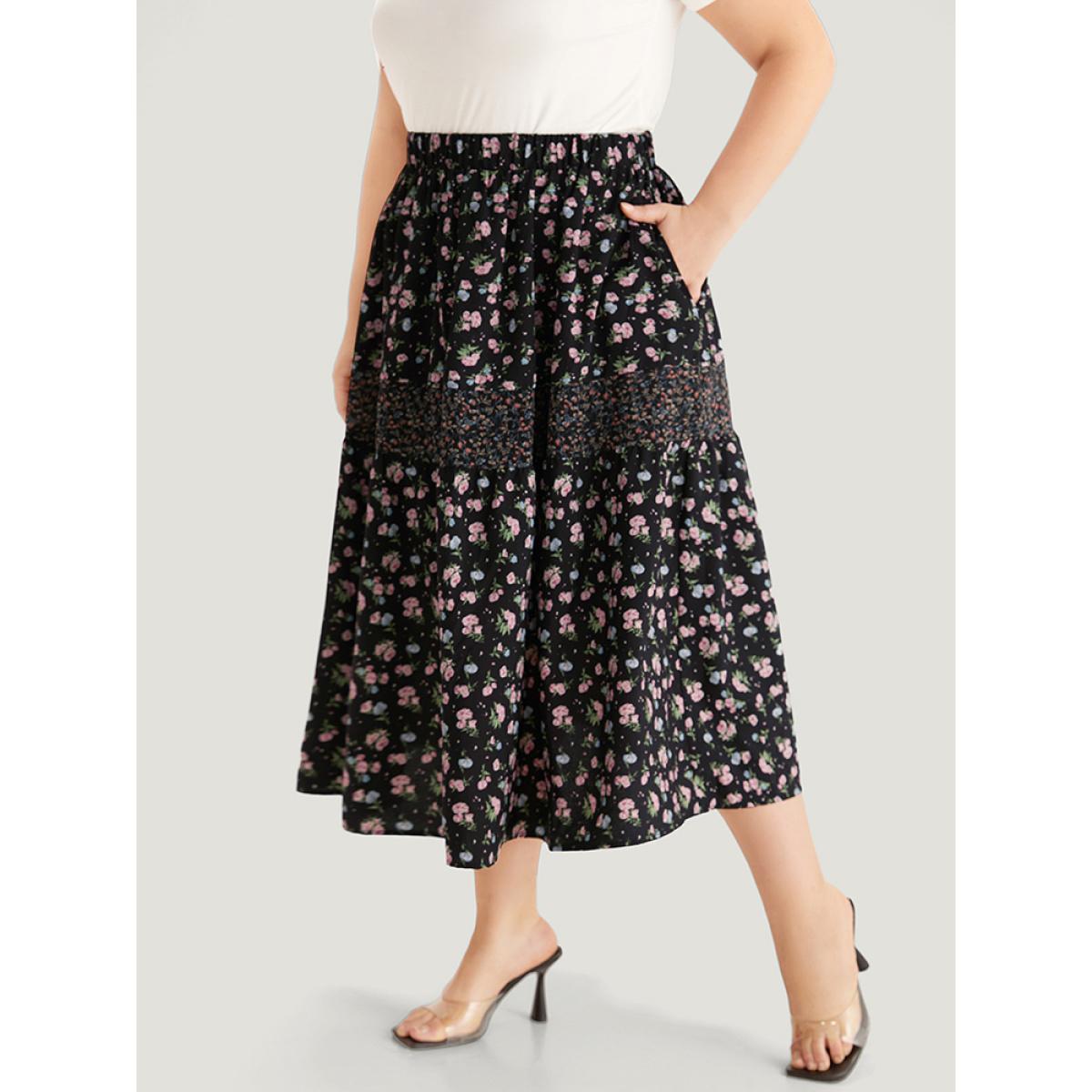 Plus Size Ditsy Floral Patchwork Elastic Waist Skirt Women BlackFlower Elegant Patchwork No stretch Pocket Dailywear Skirts BloomChic 28/5X Product Image