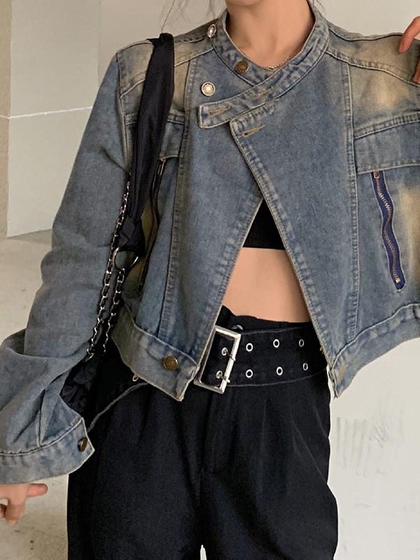 Vintage Distressed Splice Zip Up Short Denim Jacket Product Image