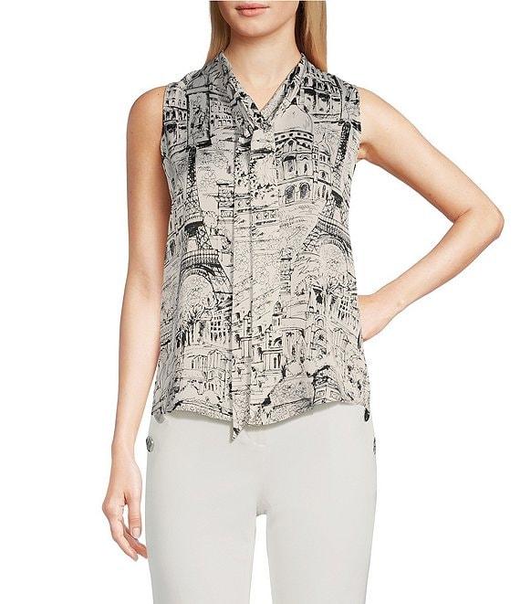 KARL LAGERFELD PARIS Sleeveless Tie Neck Printed Button Front Blouse Product Image