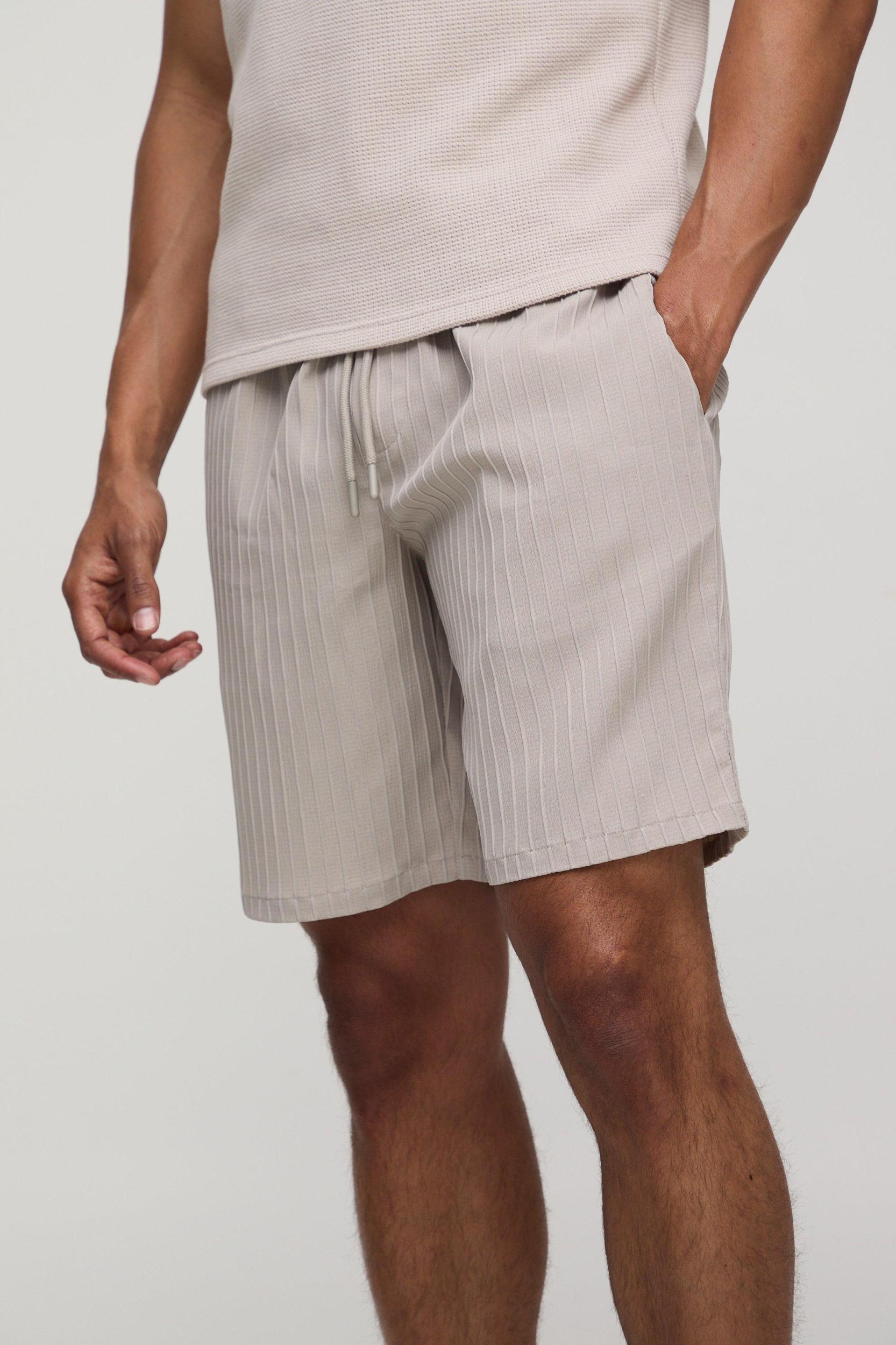 Elasticated Waist Relaxed Fit Textured Stripe Shorts | boohooMAN USA Product Image