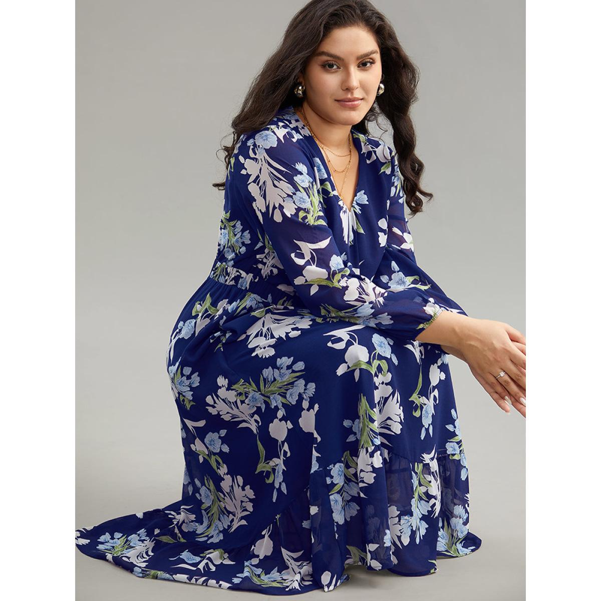 Plus Size Floral Print Chiffon Pocket Elastic Waist Gathered Dress DarkBlue Women Elegant Elastic cuffs V-neck Long Sleeve Curvy Midi Dress BloomChic 14-16/1X Product Image