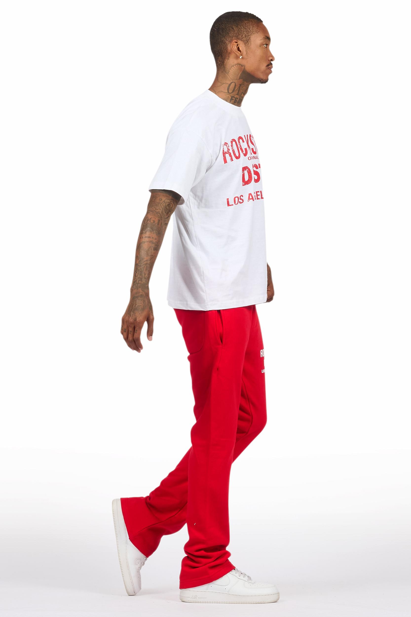 Lake White/Red Oversized T-Shirt/Stacked Track Pant Set Male Product Image