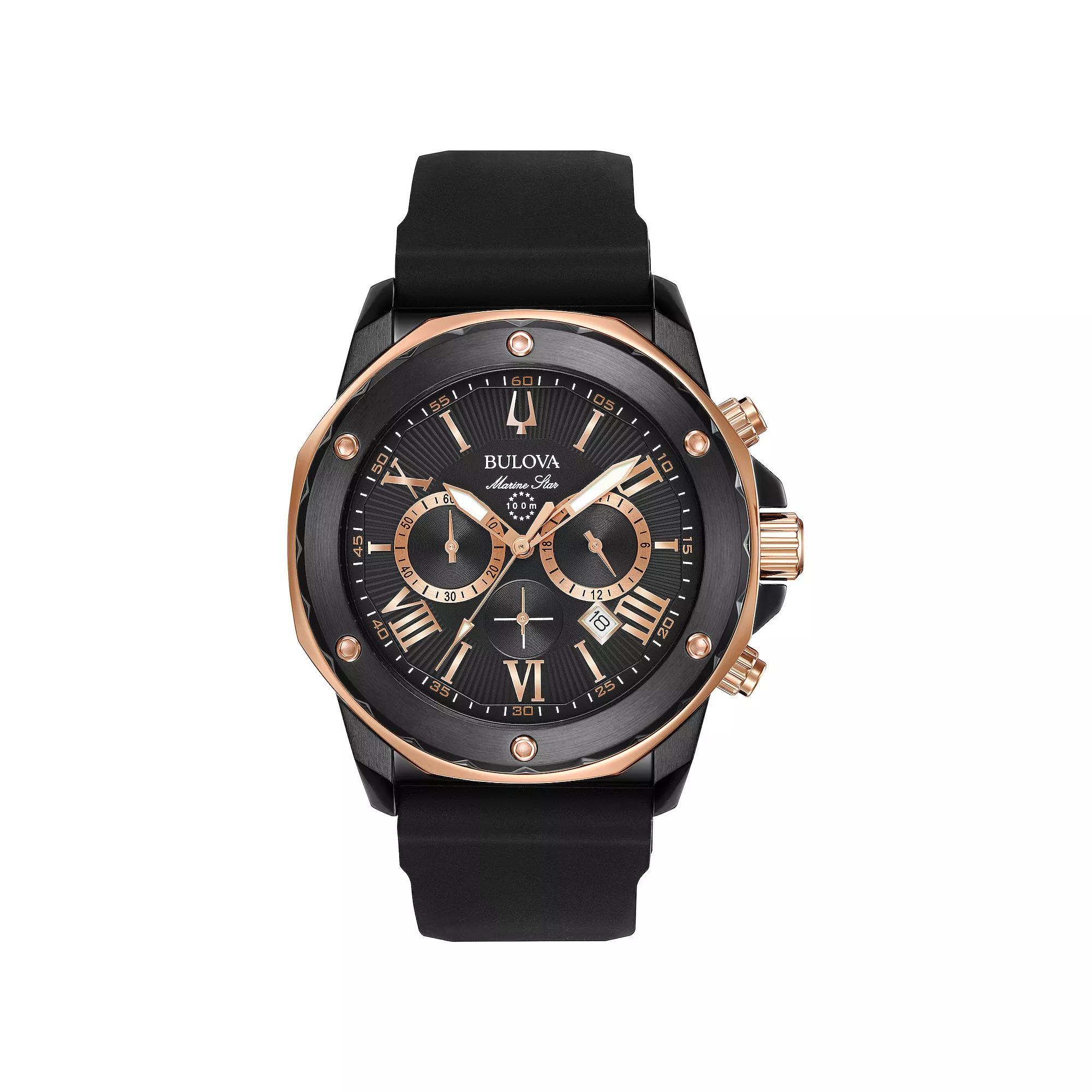 Bulova Men's Marine Star Stainless Steel Black Chronograph Black Rubber Strap Watch - 98B307,  Product Image