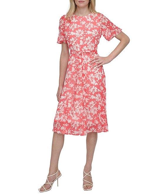 DKNY by Donna Karan Woven Floral Print Crew Neck Short Sleeve Waist Tie Fit and Flare Midi Dress Product Image