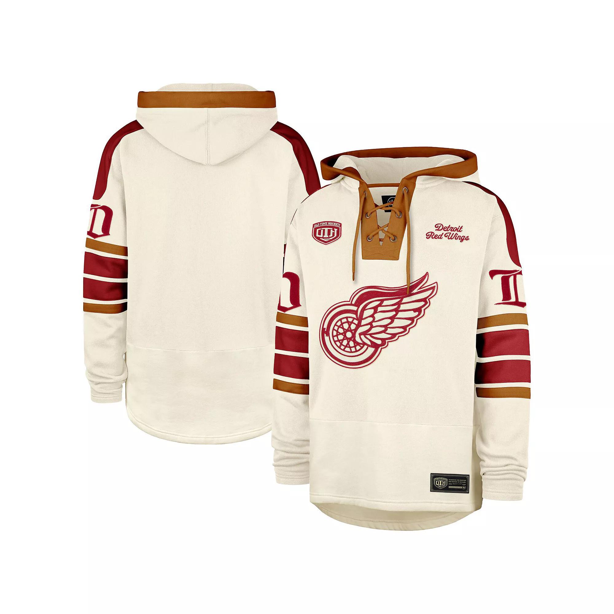 Men's '47  Cream Detroit Red Wings Blue Line Heritage Lacer Pullover Hoodie, Size: XL, Beige Product Image