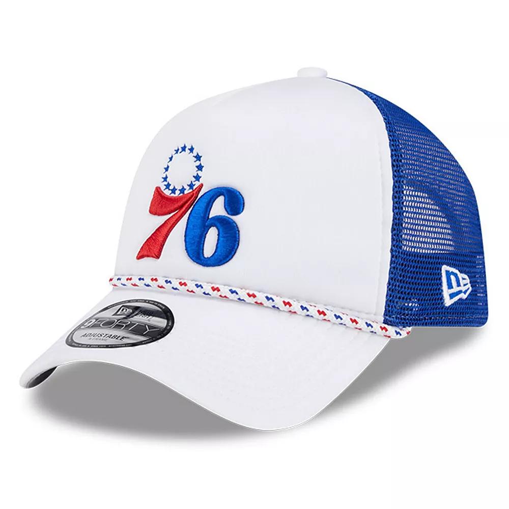 Men's New Era White/Royal Philadelphia 76ers Court Sport Foam A-Frame 9FORTY Adjustable Trucker Hat, 76r White Product Image