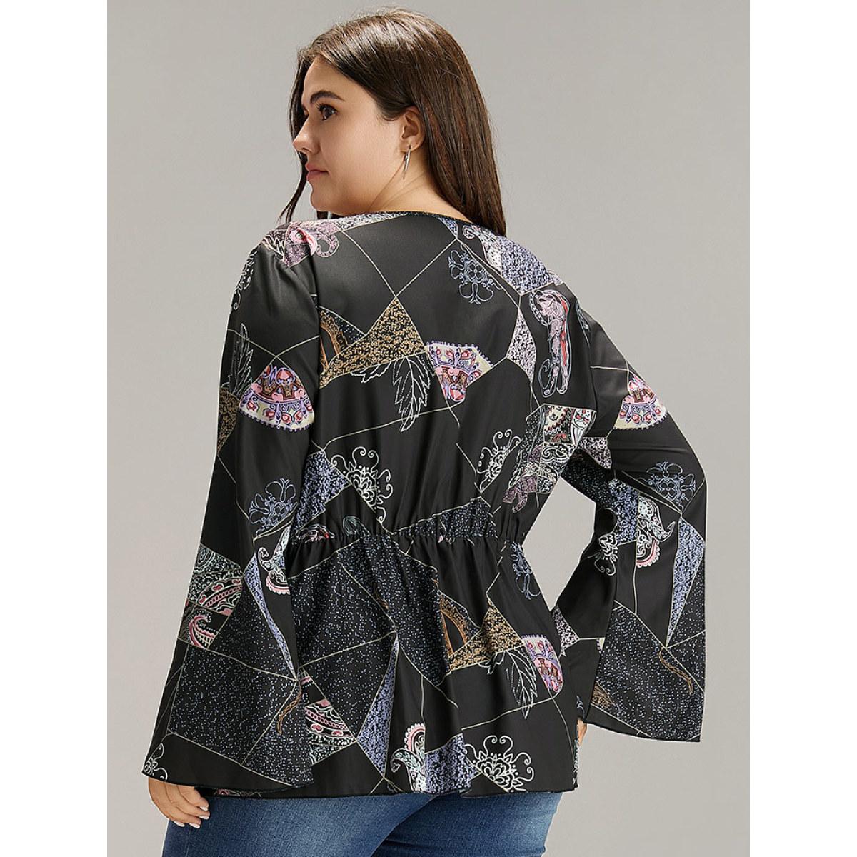 Plus Size BlackFlower Bandana Print Elastic Waist Blouse Women Vacation Long Sleeve Deep V-neck Dailywear Blouses BloomChic 14-16/1X Product Image