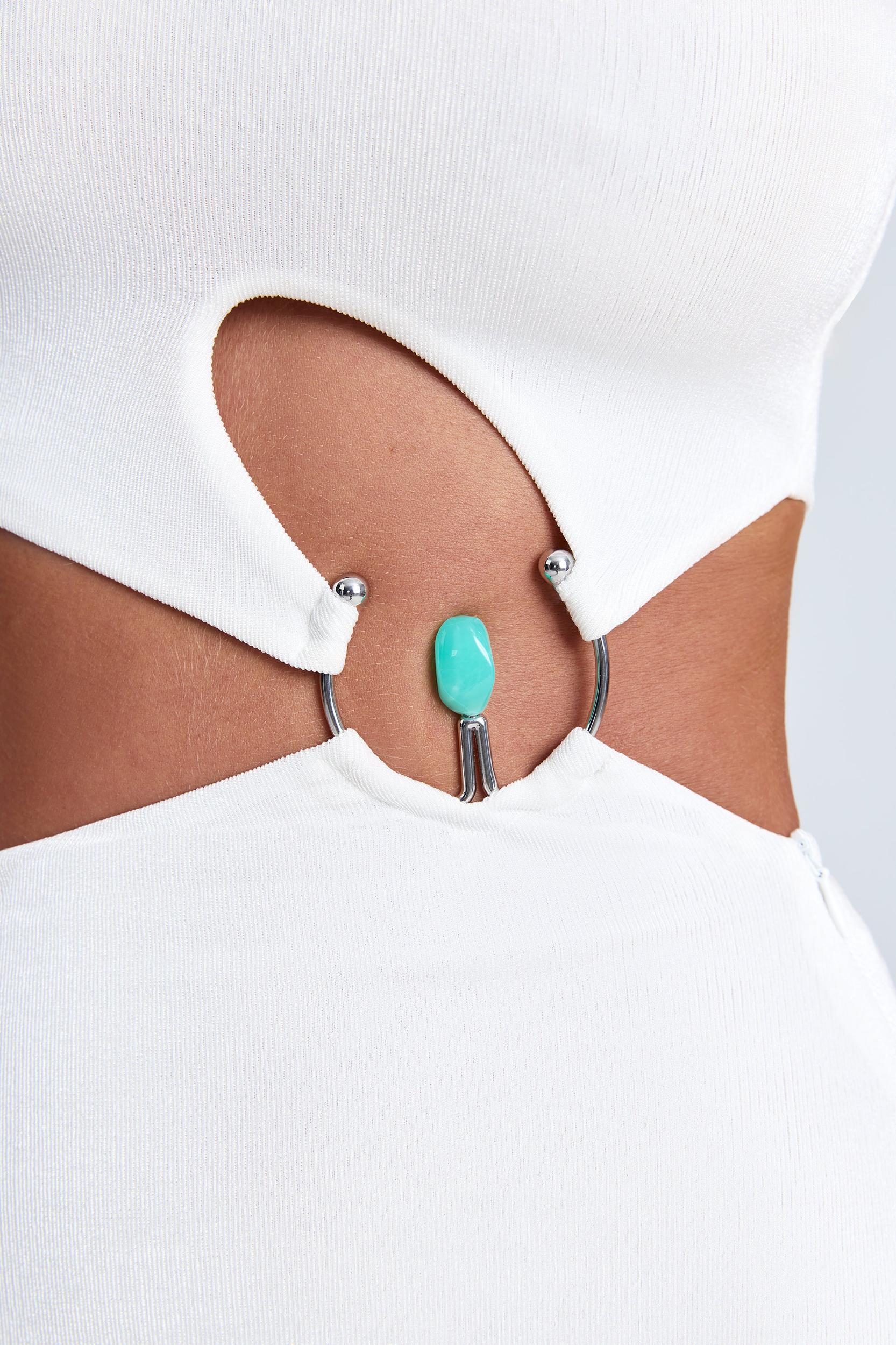 Hardware Detail One-Shoulder Maxi Dress in White Product Image