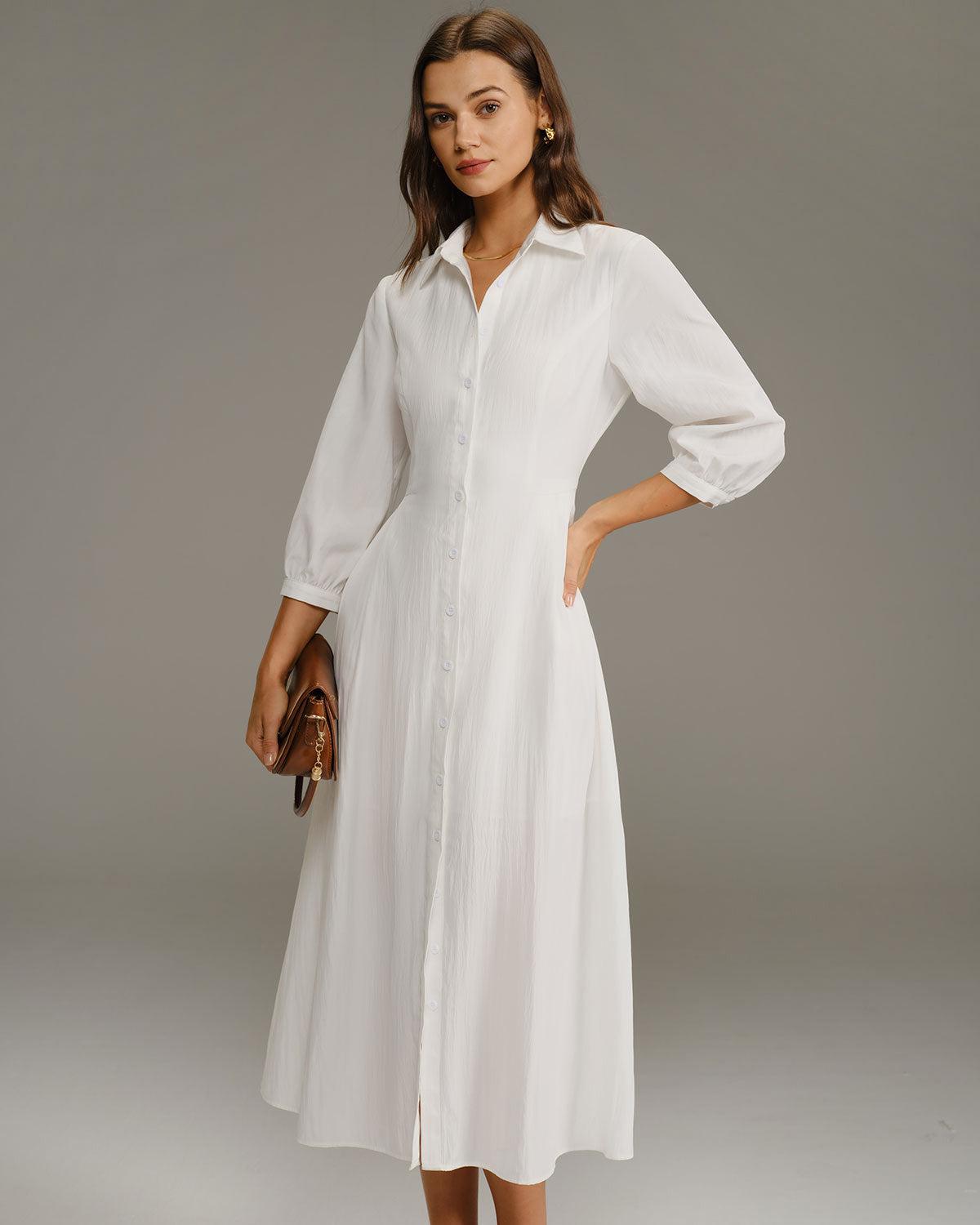 White A-Line Button Midi Dress Product Image