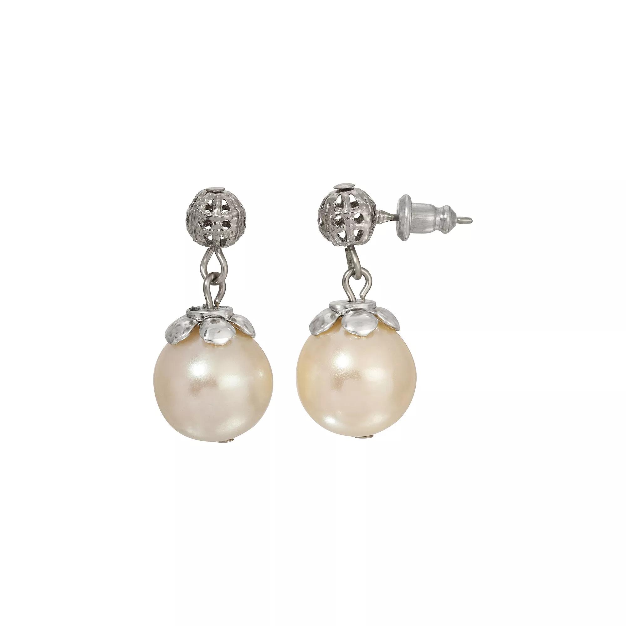 1928 Silver Tone Filigree & Faux Pearl Drop Earrings, Women's, White Product Image
