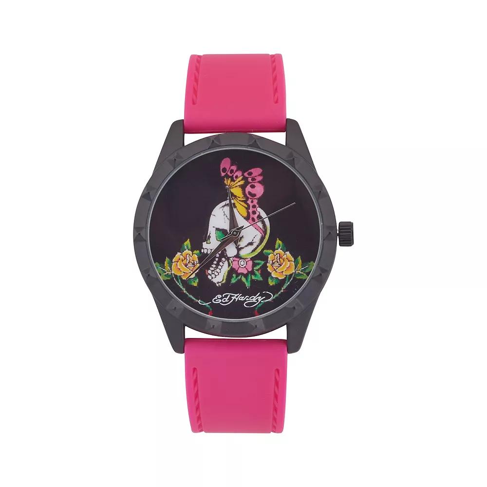 Ed Hardy Women's Skull & Butterfly Dial Fuchsia Silicone Strap Watch, Size: Large, Pink Product Image