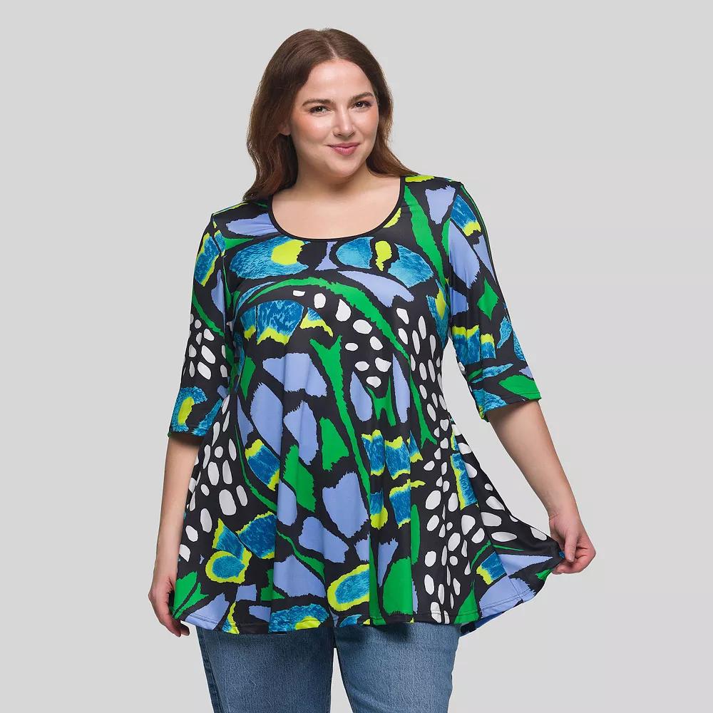 Plus Size 24Seven Comfort Apparel Butterfly Print Elbow Sleeve Tunic Top, Women's, Size: 1XL, Green Team Product Image