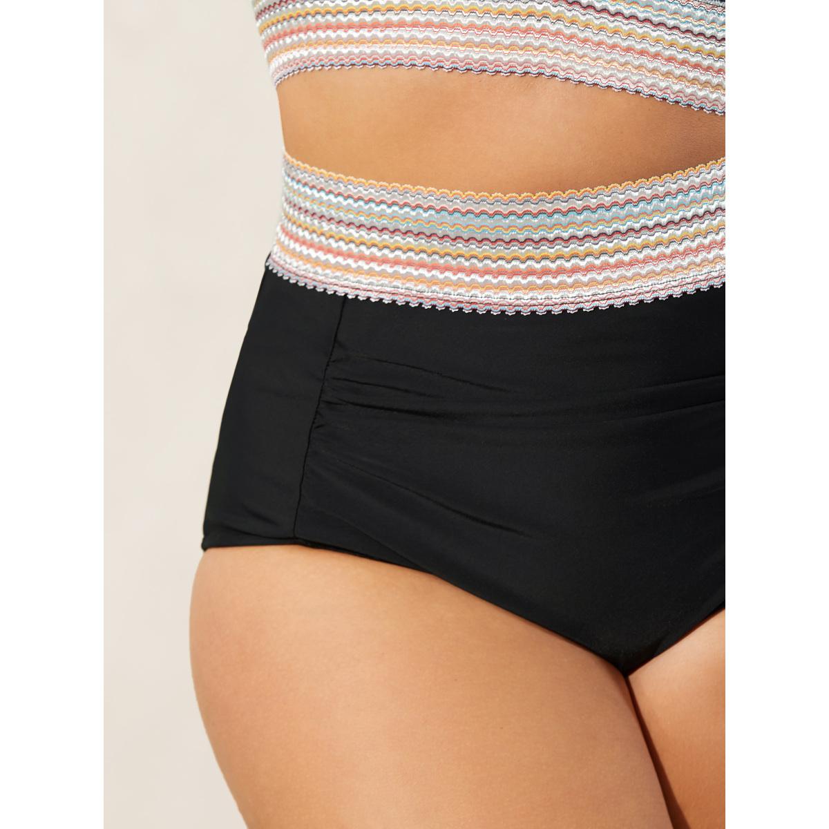 Plus Size Contrast Waistband Ruched Fitted Swim Bottoms Women's Swimwear Black Resort Woven ribbon&lace trim High stretch Skinny Mid Rise Curve Swim Bottoms BloomChic 18-20/2X Product Image
