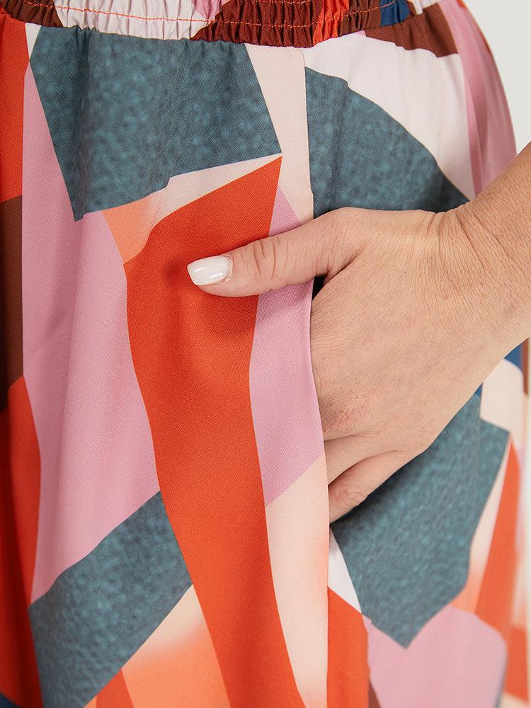 Colour Geometric Contrast Shirred Ruffles Elastic Waist Dress Female Product Image