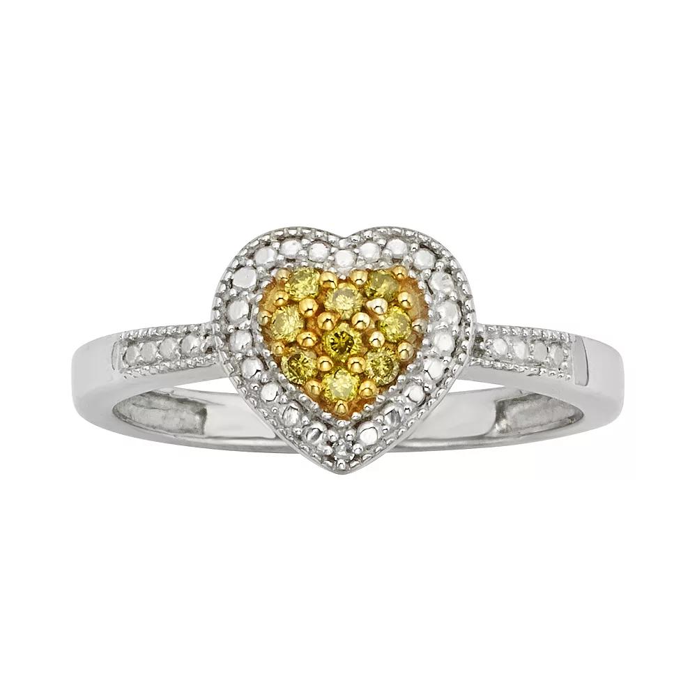Jewelexcess Sterling Silver 1/10-ct. T.W. Yellow and White Diamond Heart Ring, Women's,  Product Image