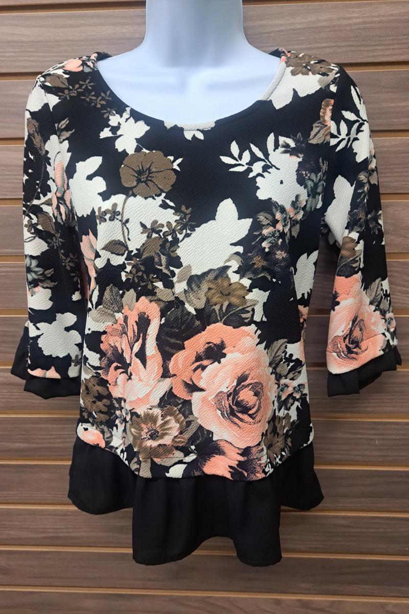 Blk floral 3/4 sleeve ruffle bottom Product Image