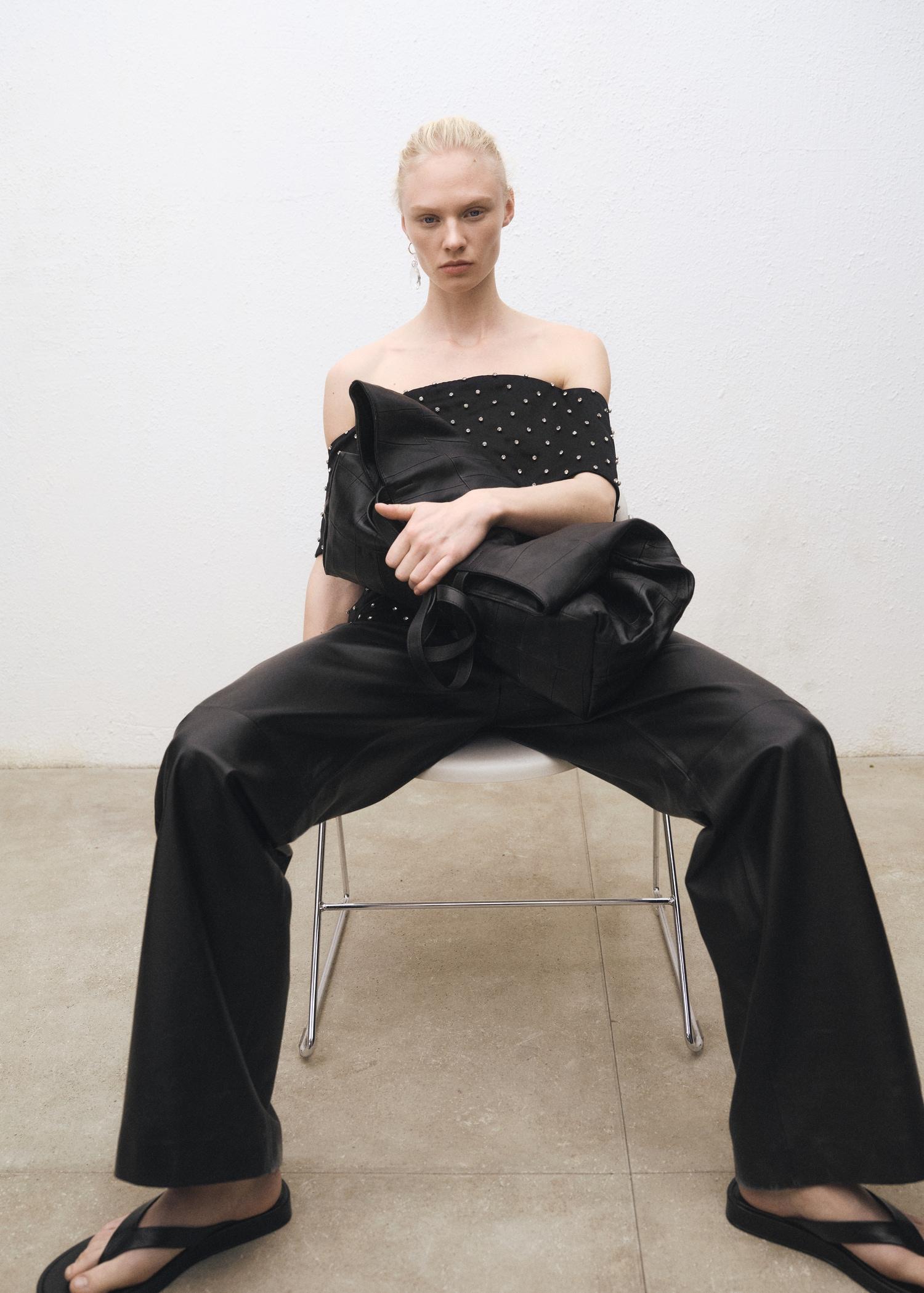 Straight leather pants with pleat detail - Women | MANGO USA Product Image